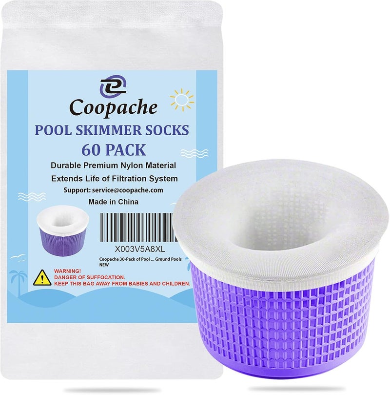 Coopache 60-Pack of Pool Skimmer Socks - Filters Baskets, Skimmers Cleans Debris and Leaves for In-Ground and Above Ground Pools - Image 1